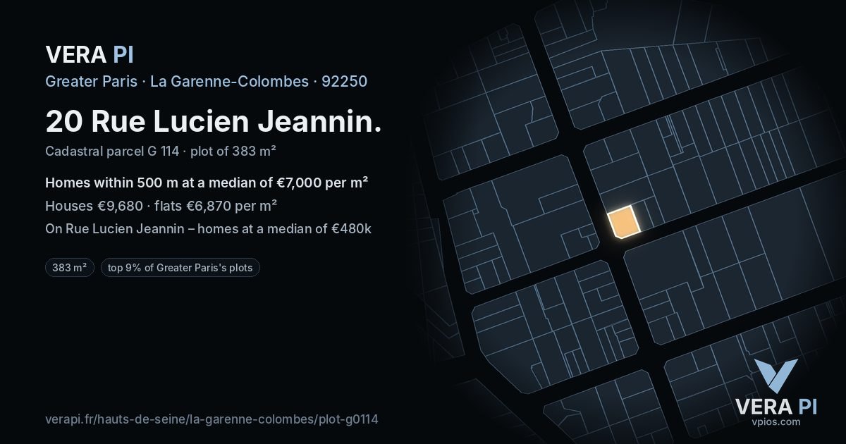20 Rue Lucien Jeannin, La Garenne-Colombes at night – the plot lit, the parcels around coloured by the prices near them
