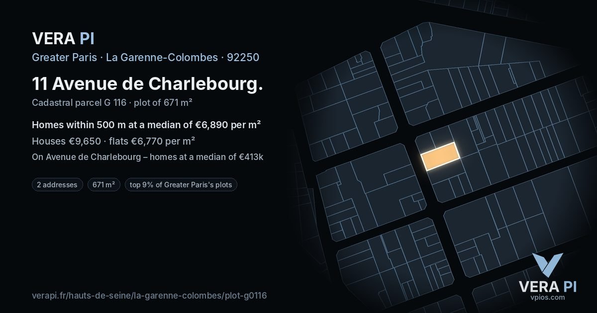 11 Avenue de Charlebourg, La Garenne-Colombes at night – the plot lit, the parcels around coloured by the prices near them