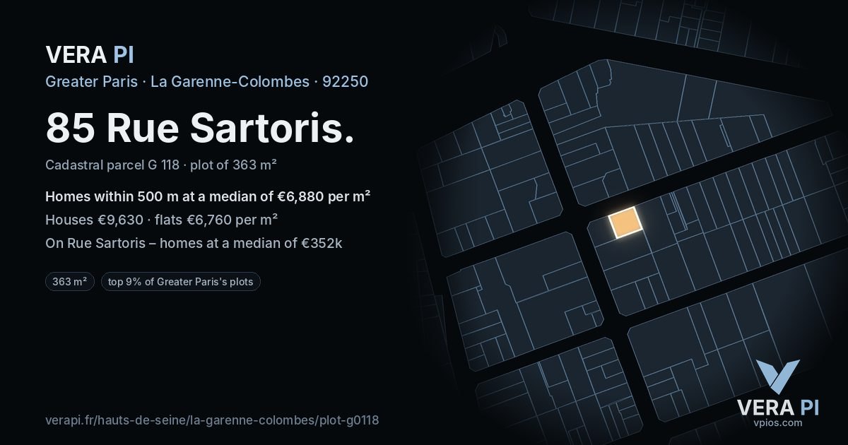 85 Rue Sartoris, La Garenne-Colombes at night – the plot lit, the parcels around coloured by the prices near them