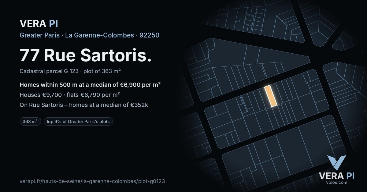 77 Rue Sartoris, La Garenne-Colombes at night – the plot lit, the parcels around coloured by the prices near them