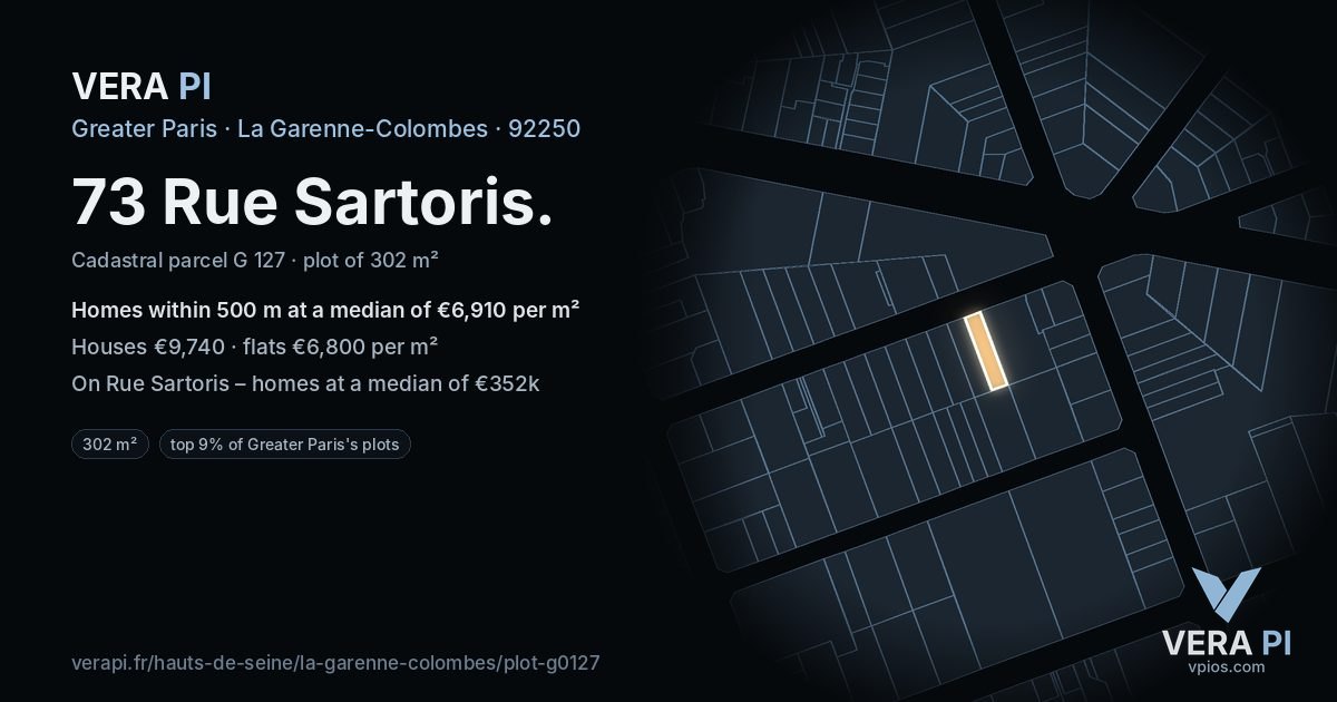 73 Rue Sartoris, La Garenne-Colombes at night – the plot lit, the parcels around coloured by the prices near them