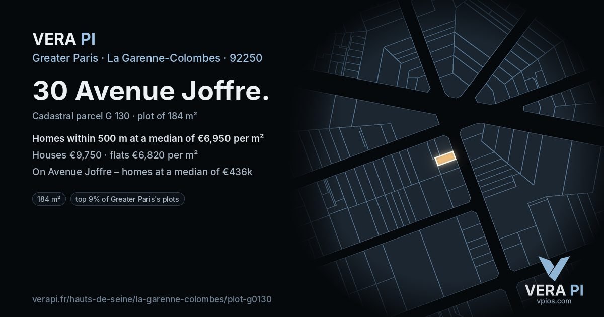 30 Avenue Joffre, La Garenne-Colombes at night – the plot lit, the parcels around coloured by the prices near them
