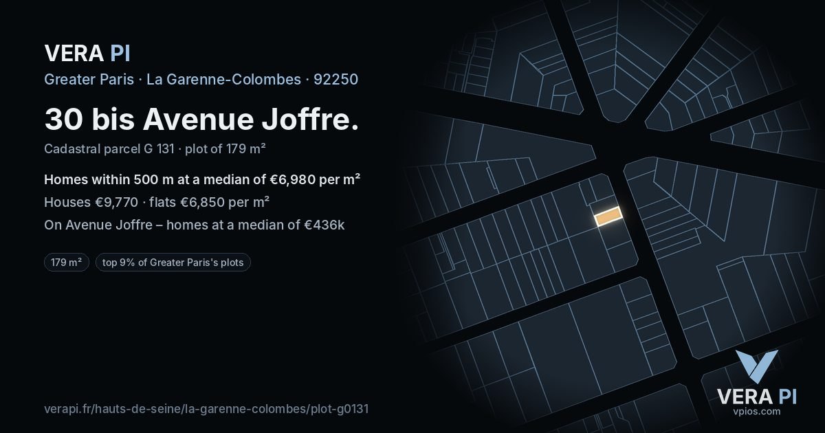 30 bis Avenue Joffre, La Garenne-Colombes at night – the plot lit, the parcels around coloured by the prices near them
