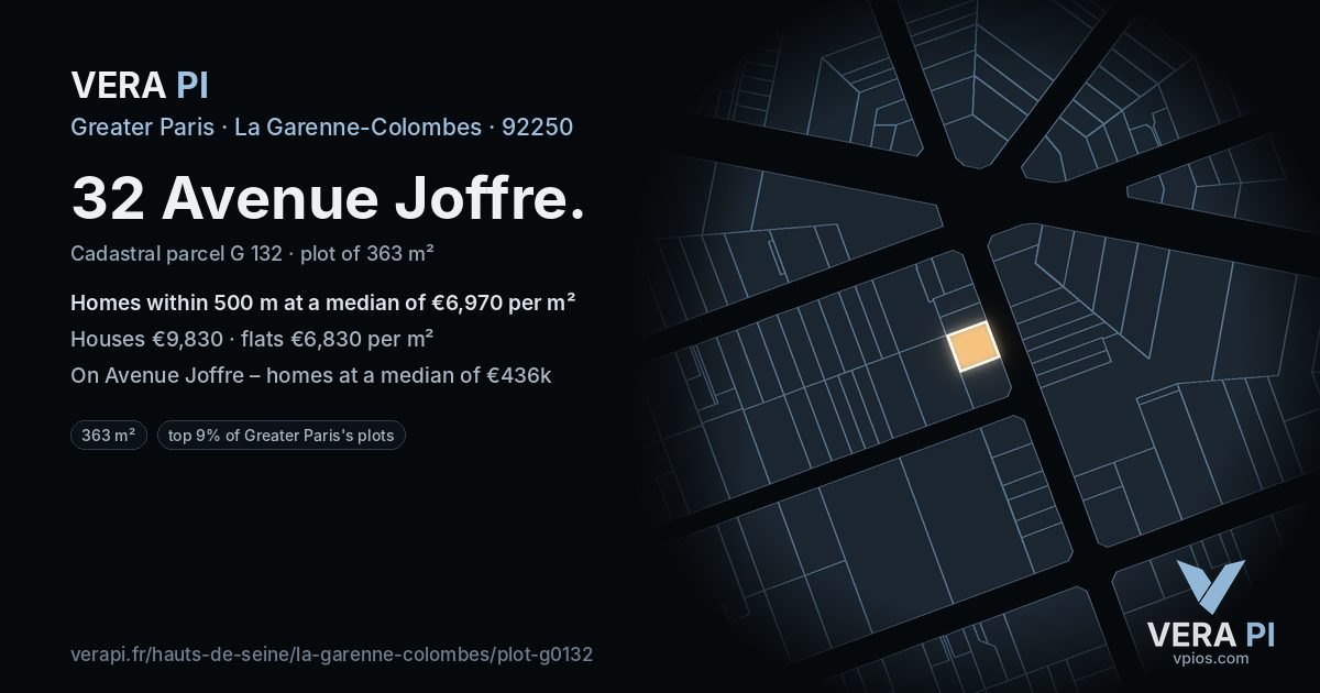 32 Avenue Joffre, La Garenne-Colombes at night – the plot lit, the parcels around coloured by the prices near them