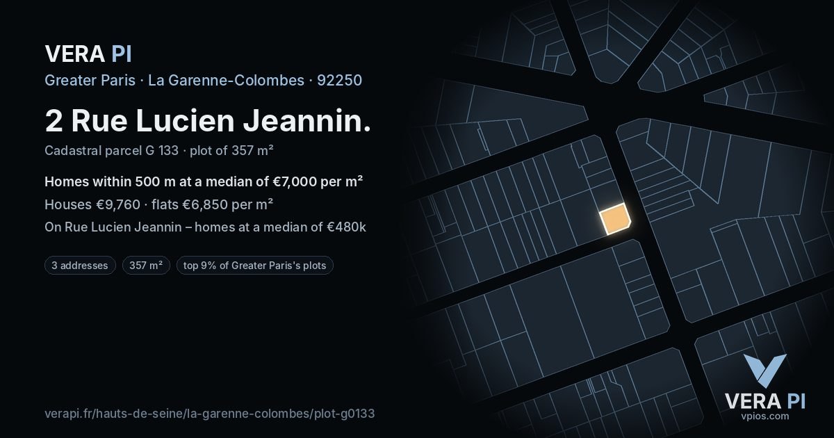 2 Rue Lucien Jeannin, La Garenne-Colombes at night – the plot lit, the parcels around coloured by the prices near them