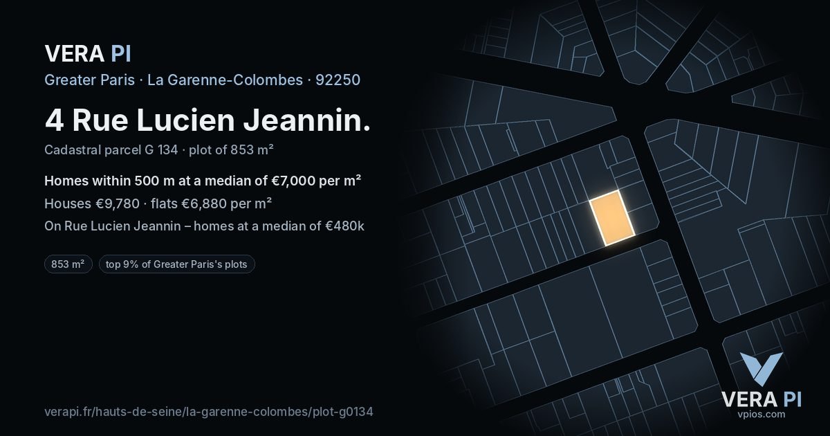 4 Rue Lucien Jeannin, La Garenne-Colombes at night – the plot lit, the parcels around coloured by the prices near them