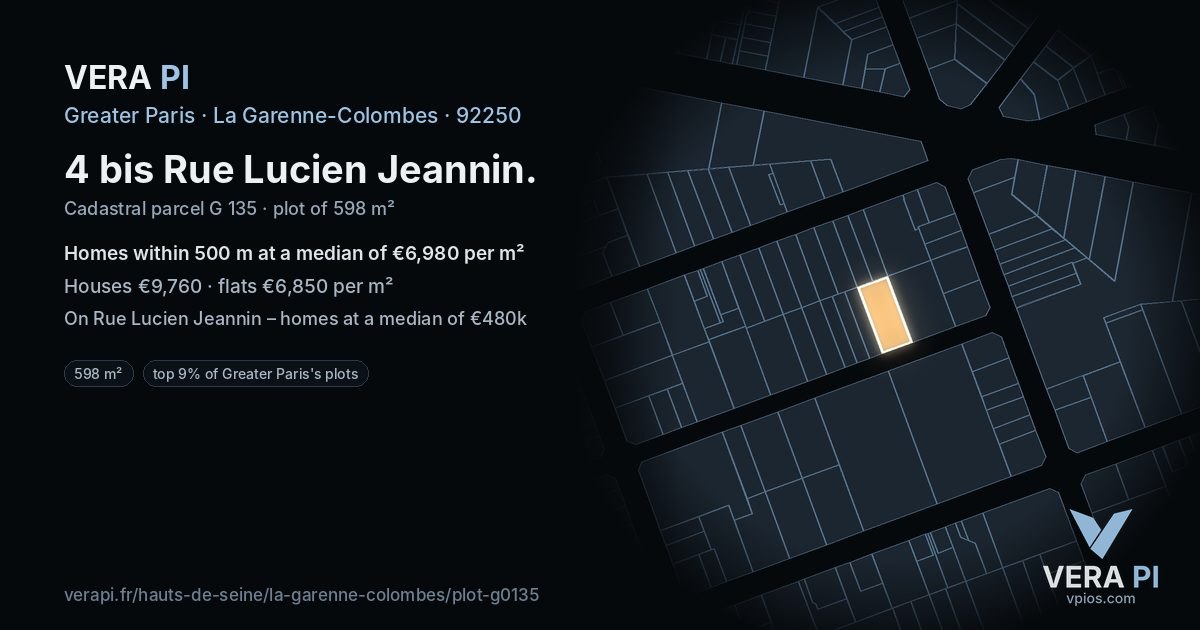 4 bis Rue Lucien Jeannin, La Garenne-Colombes at night – the plot lit, the parcels around coloured by the prices near them