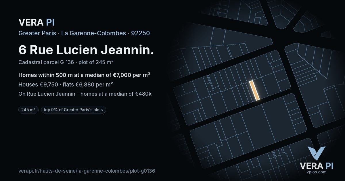 6 Rue Lucien Jeannin, La Garenne-Colombes at night – the plot lit, the parcels around coloured by the prices near them