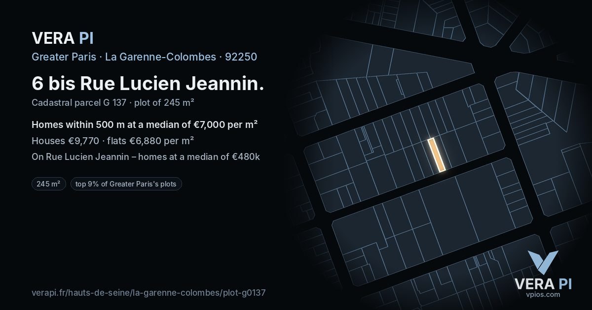 6 bis Rue Lucien Jeannin, La Garenne-Colombes at night – the plot lit, the parcels around coloured by the prices near them