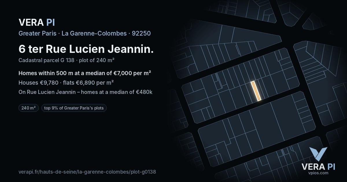6 ter Rue Lucien Jeannin, La Garenne-Colombes at night – the plot lit, the parcels around coloured by the prices near them