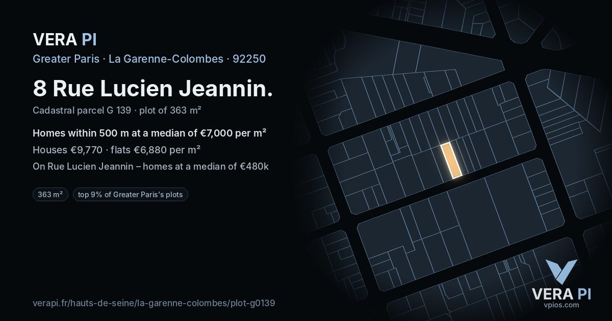 8 Rue Lucien Jeannin, La Garenne-Colombes at night – the plot lit, the parcels around coloured by the prices near them