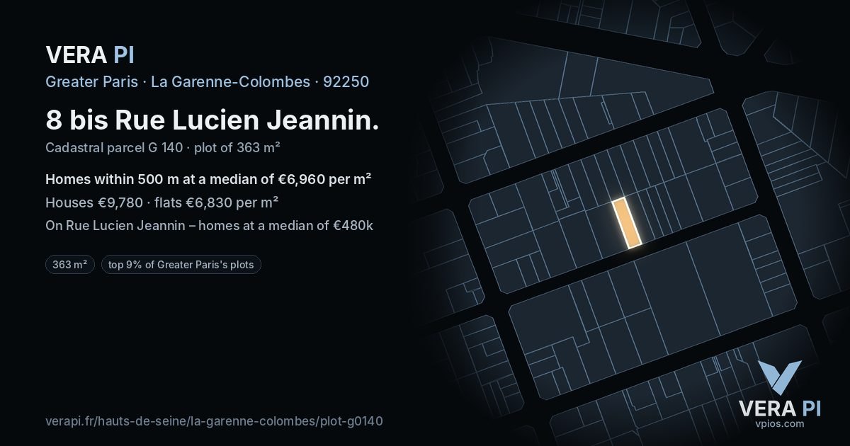 8 bis Rue Lucien Jeannin, La Garenne-Colombes at night – the plot lit, the parcels around coloured by the prices near them