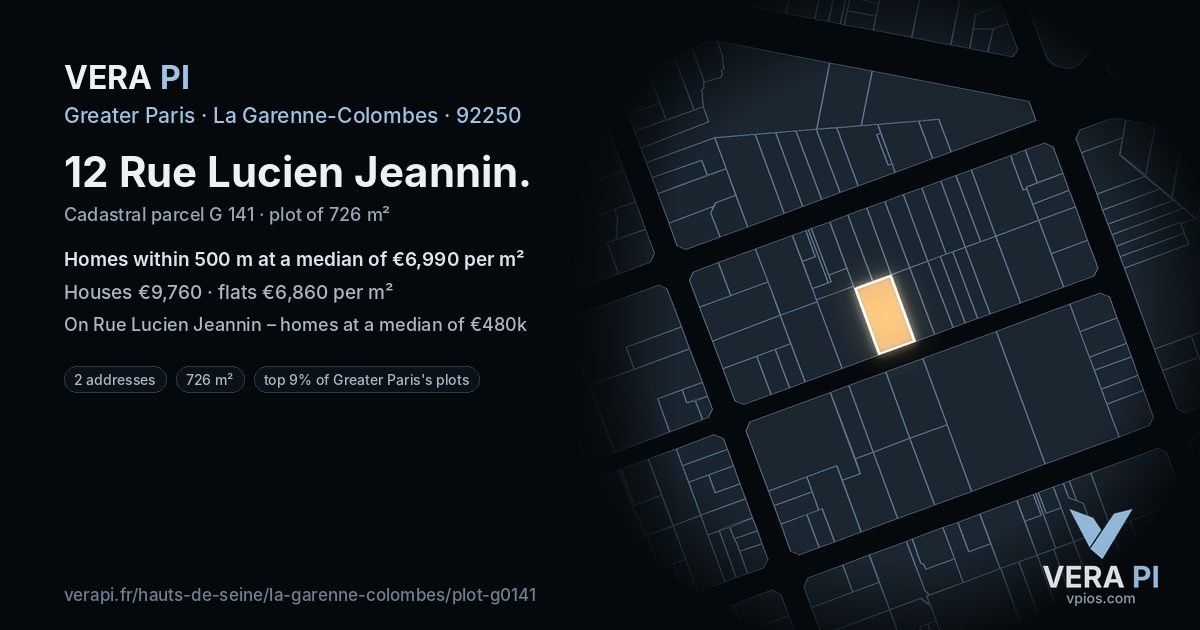 12 Rue Lucien Jeannin, La Garenne-Colombes at night – the plot lit, the parcels around coloured by the prices near them