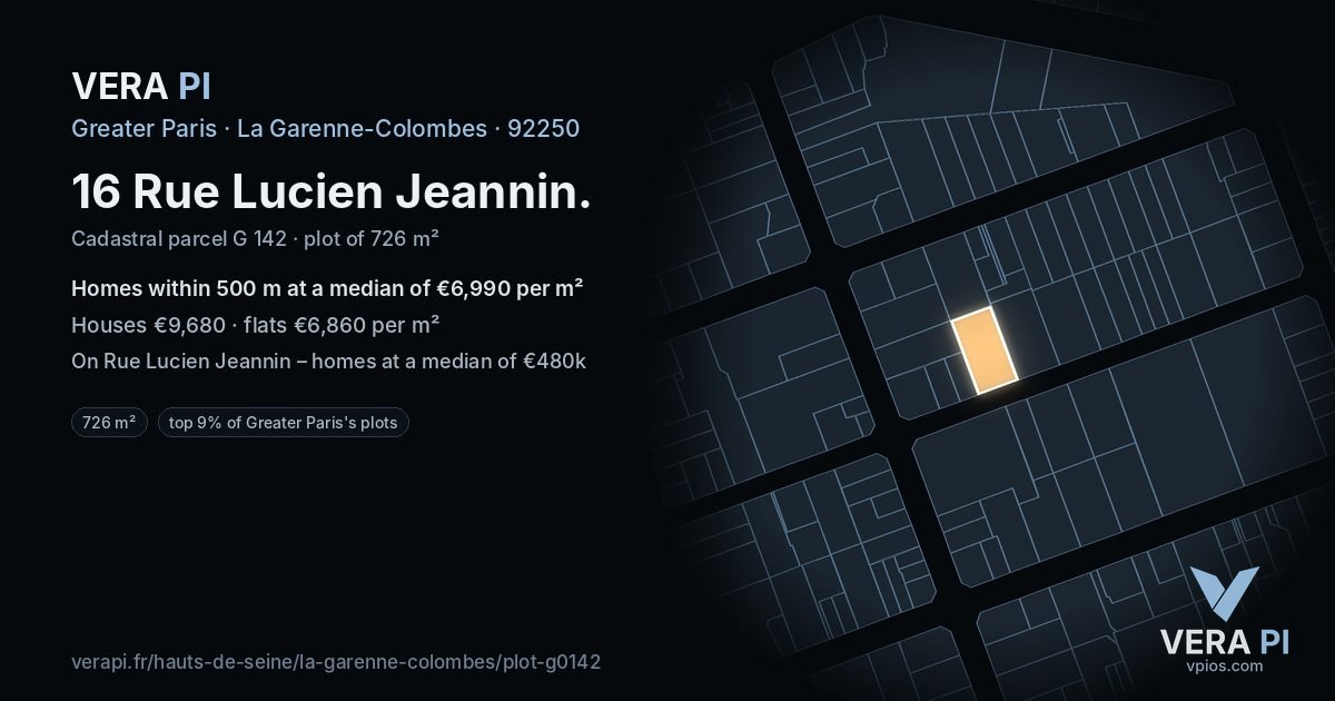 16 Rue Lucien Jeannin, La Garenne-Colombes at night – the plot lit, the parcels around coloured by the prices near them