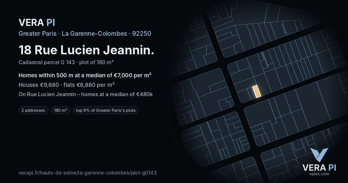 18 Rue Lucien Jeannin, La Garenne-Colombes at night – the plot lit, the parcels around coloured by the prices near them