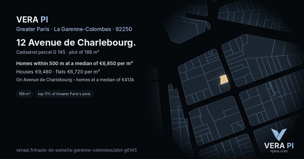 12 Avenue de Charlebourg, La Garenne-Colombes at night – the plot lit, the parcels around coloured by the prices near them