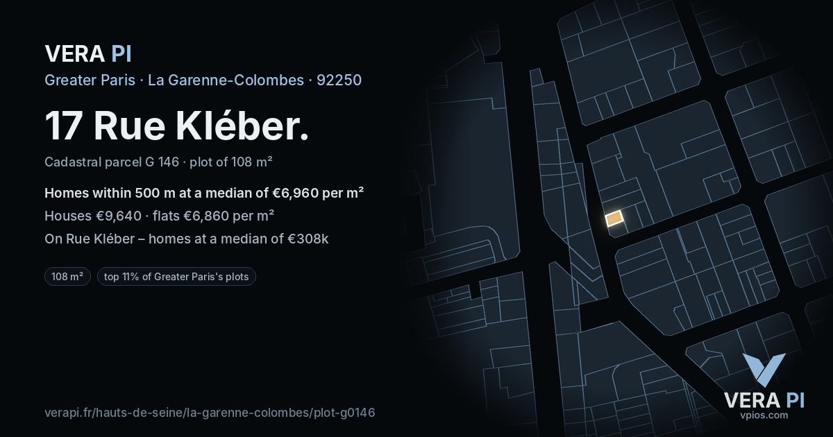 17 Rue Kléber, La Garenne-Colombes at night – the plot lit, the parcels around coloured by the prices near them