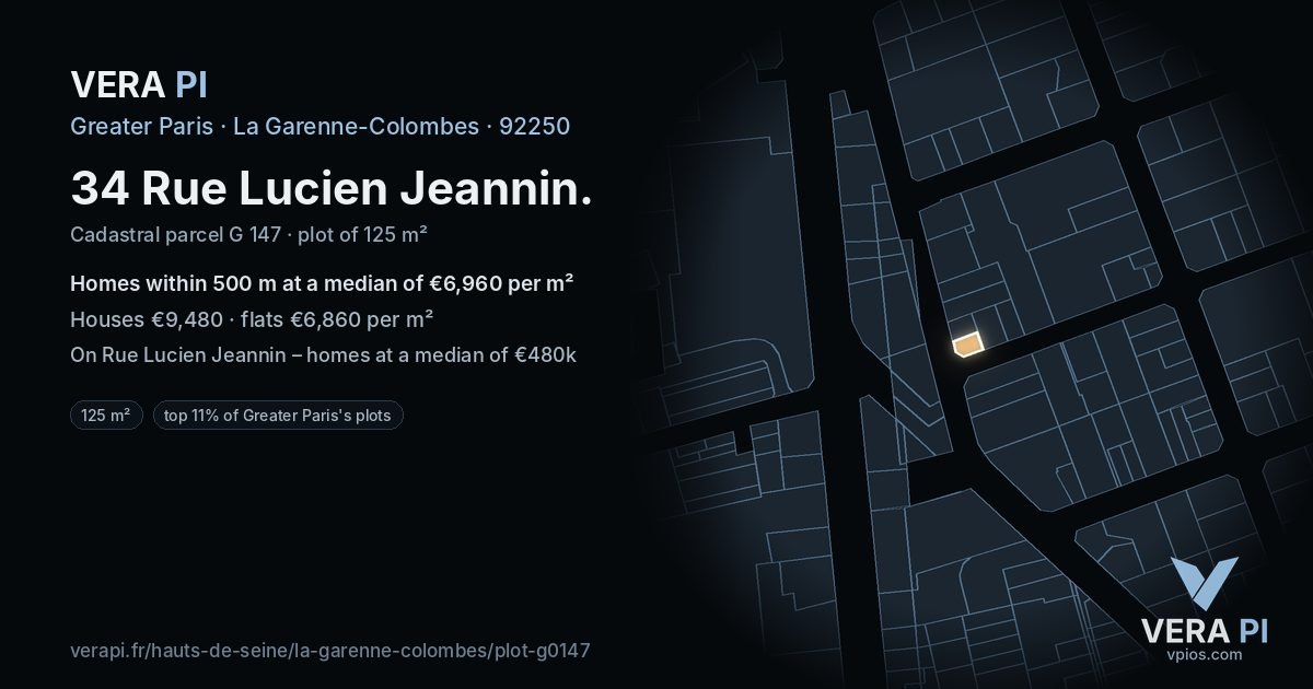 34 Rue Lucien Jeannin, La Garenne-Colombes at night – the plot lit, the parcels around coloured by the prices near them