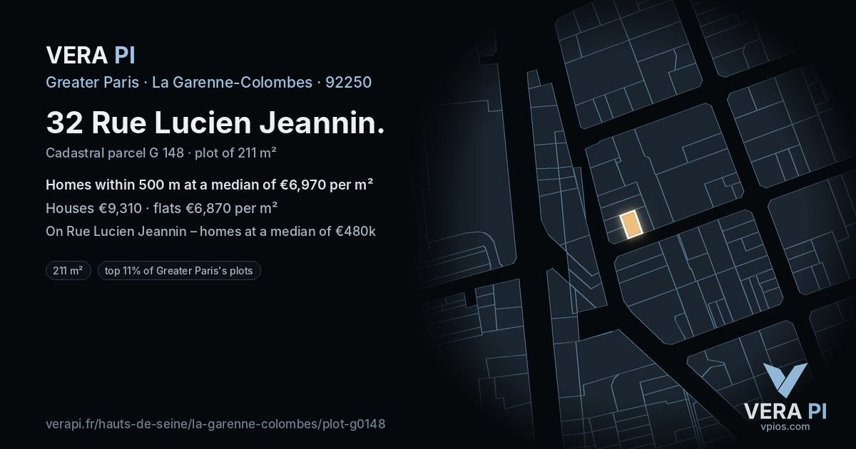 32 Rue Lucien Jeannin, La Garenne-Colombes at night – the plot lit, the parcels around coloured by the prices near them