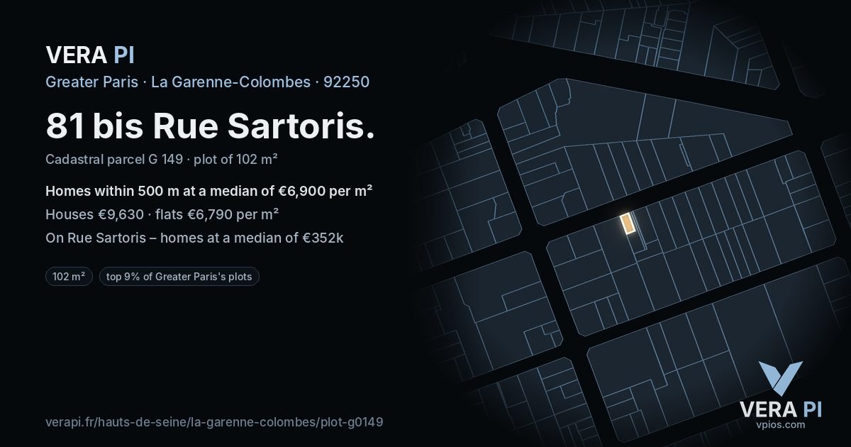 81 bis Rue Sartoris, La Garenne-Colombes at night – the plot lit, the parcels around coloured by the prices near them