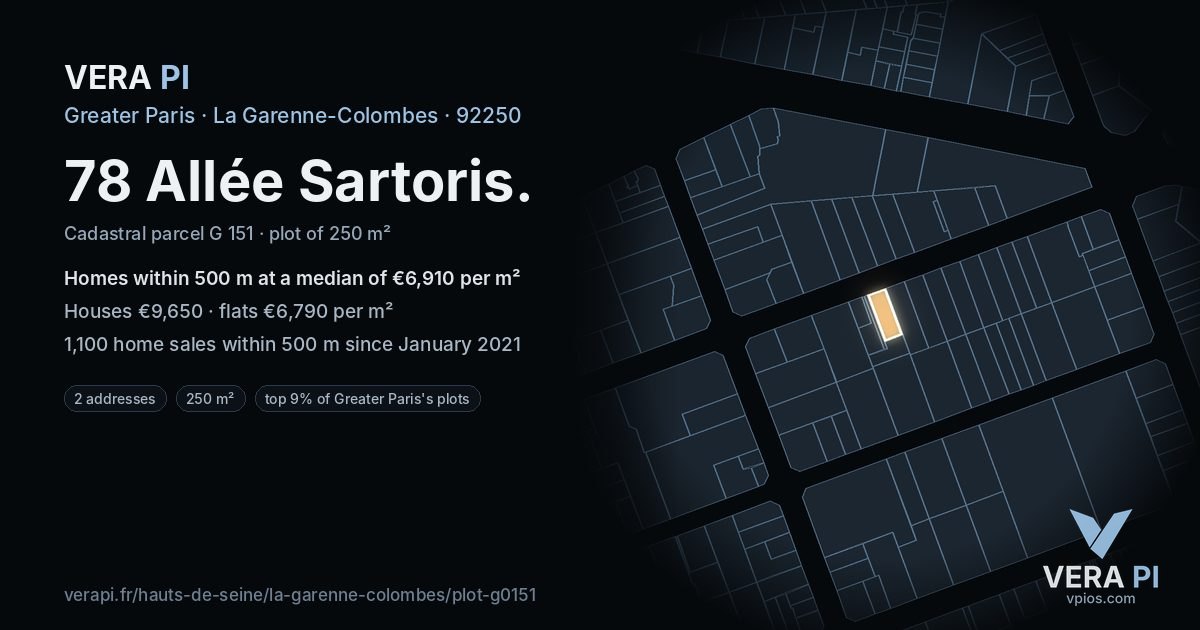 78 Allée Sartoris, La Garenne-Colombes at night – the plot lit, the parcels around coloured by the prices near them