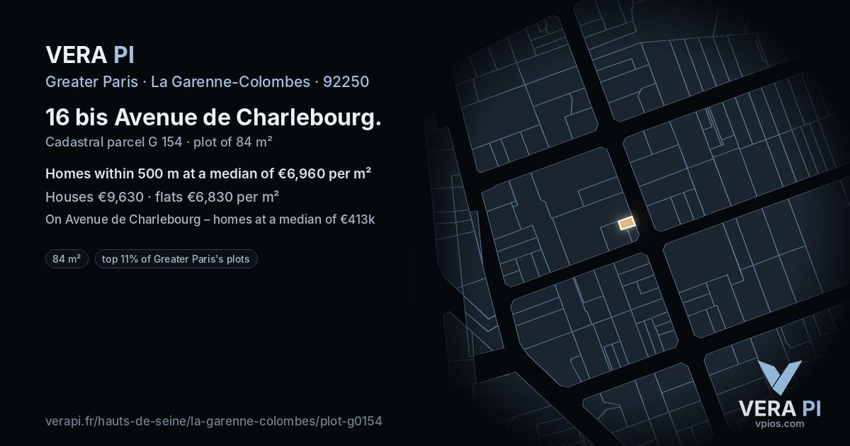 16 bis Avenue de Charlebourg, La Garenne-Colombes at night – the plot lit, the parcels around coloured by the prices near them
