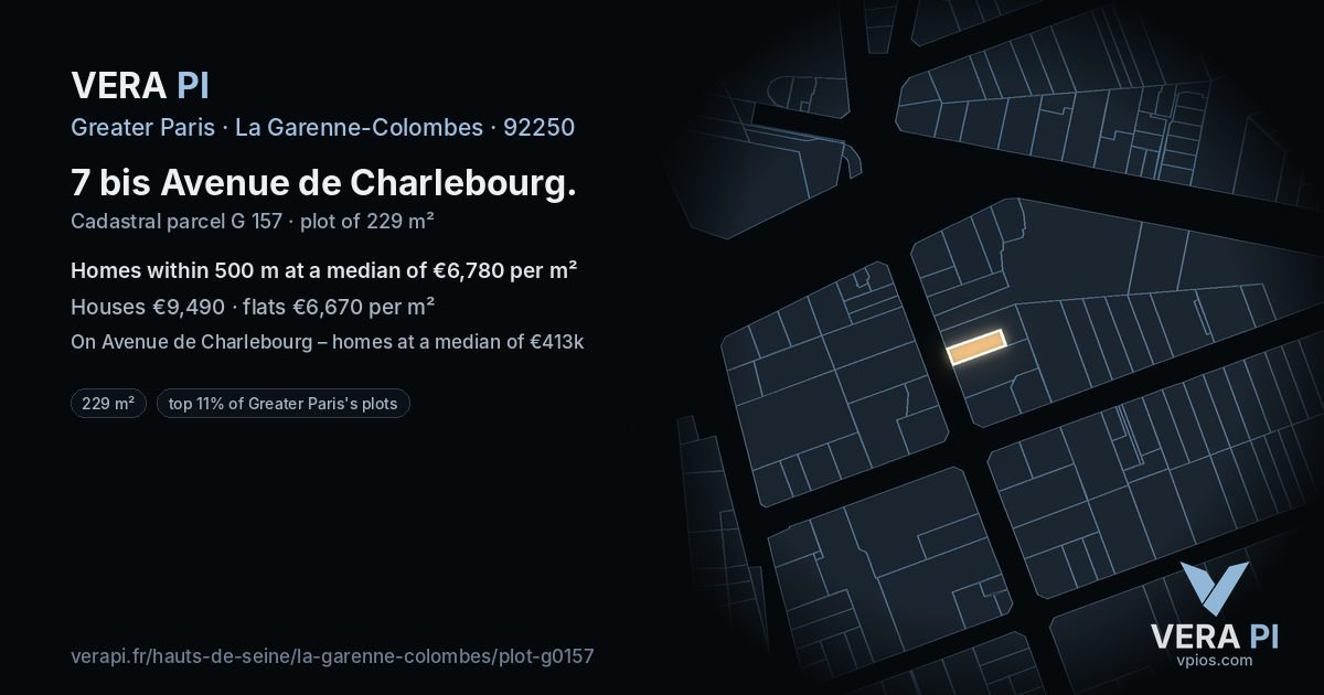 7 bis Avenue de Charlebourg, La Garenne-Colombes at night – the plot lit, the parcels around coloured by the prices near them
