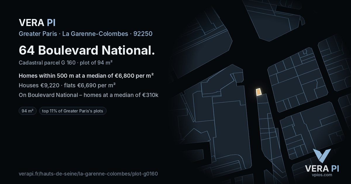 64 Boulevard National, La Garenne-Colombes at night – the plot lit, the parcels around coloured by the prices near them