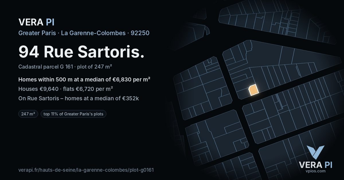 94 Rue Sartoris, La Garenne-Colombes at night – the plot lit, the parcels around coloured by the prices near them