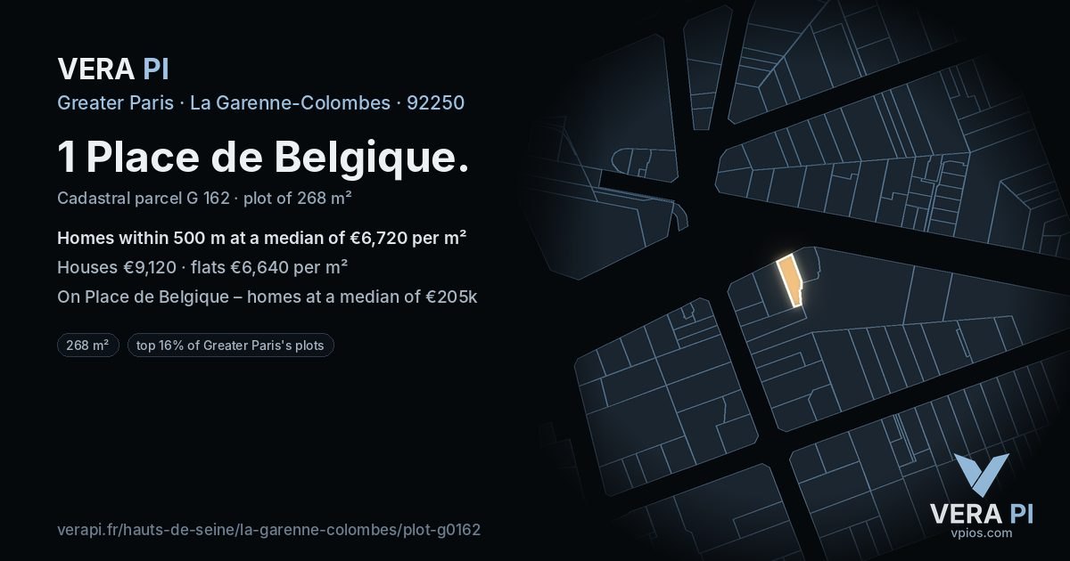 1 Place de Belgique, La Garenne-Colombes at night – the plot lit, the parcels around coloured by the prices near them