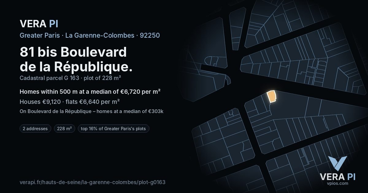81 bis Boulevard de la République, La Garenne-Colombes at night – the plot lit, the parcels around coloured by the prices near them