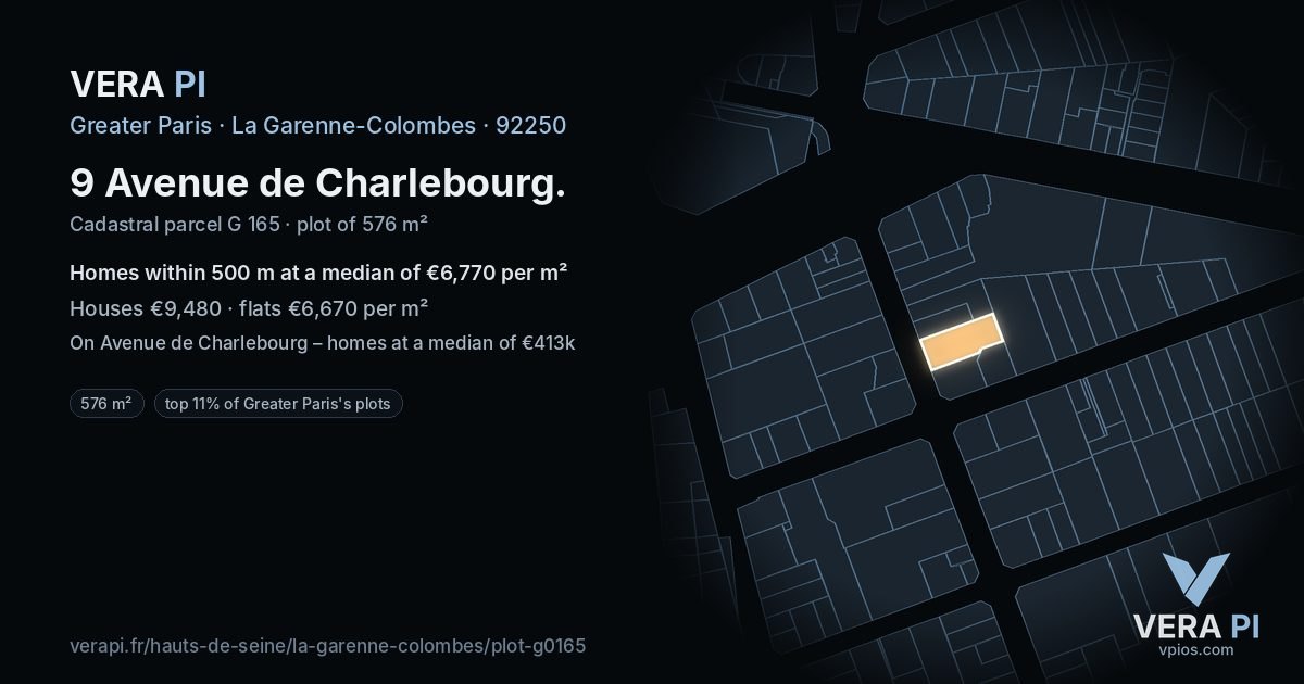 9 Avenue de Charlebourg, La Garenne-Colombes at night – the plot lit, the parcels around coloured by the prices near them