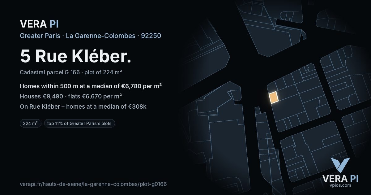 5 Rue Kléber, La Garenne-Colombes at night – the plot lit, the parcels around coloured by the prices near them