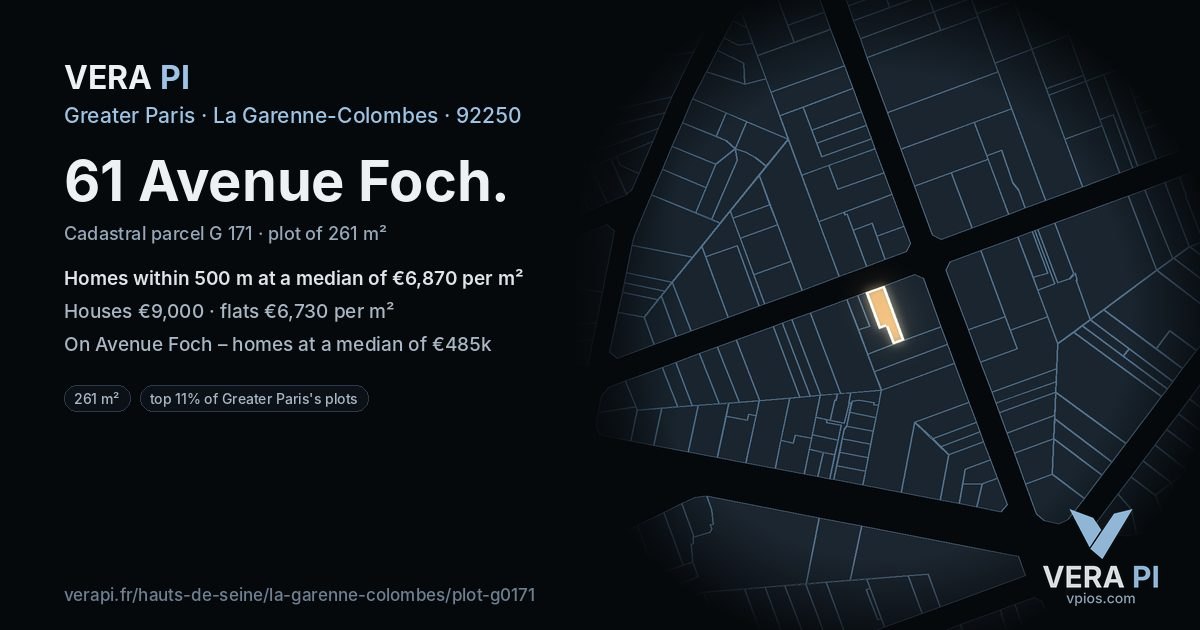 61 Avenue Foch, La Garenne-Colombes at night – the plot lit, the parcels around coloured by the prices near them