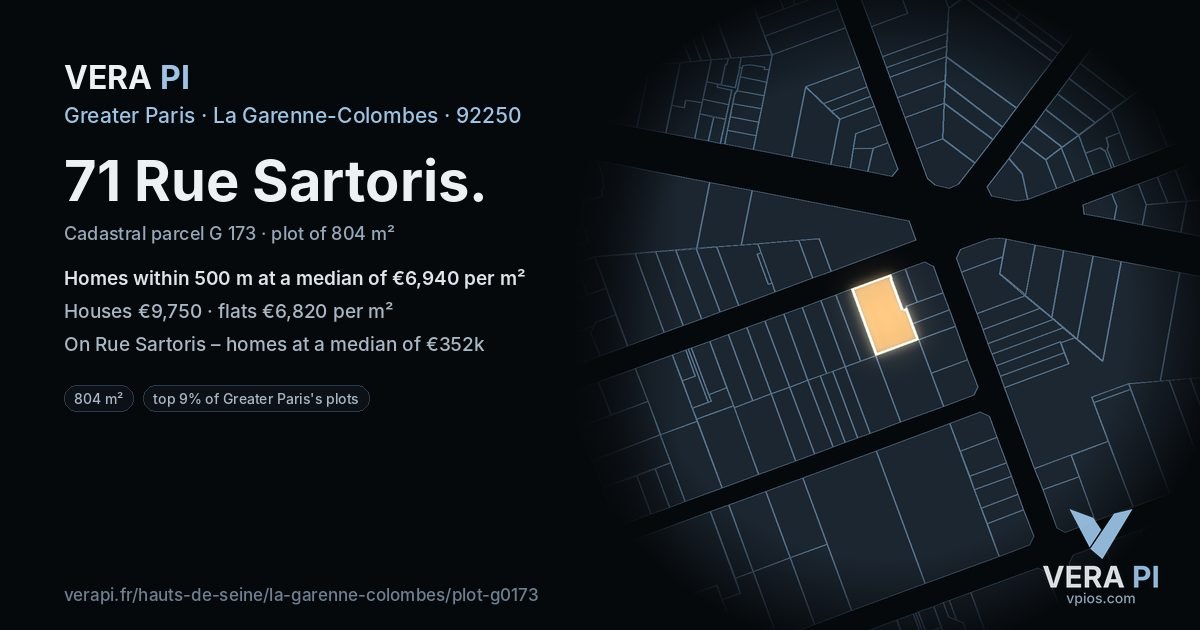 71 Rue Sartoris, La Garenne-Colombes at night – the plot lit, the parcels around coloured by the prices near them