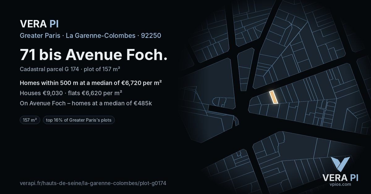 71 bis Avenue Foch, La Garenne-Colombes at night – the plot lit, the parcels around coloured by the prices near them