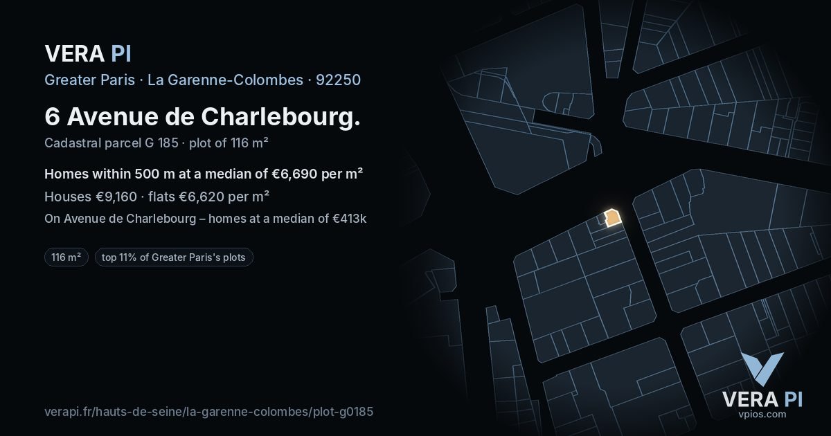 6 Avenue de Charlebourg, La Garenne-Colombes at night – the plot lit, the parcels around coloured by the prices near them