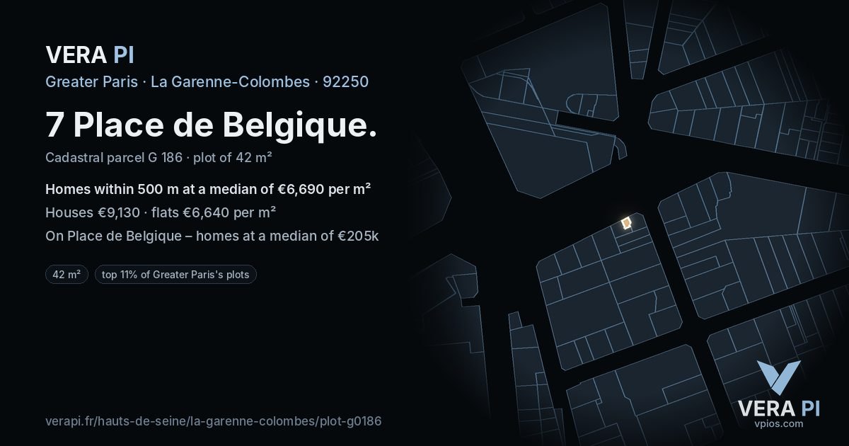 7 Place de Belgique, La Garenne-Colombes at night – the plot lit, the parcels around coloured by the prices near them