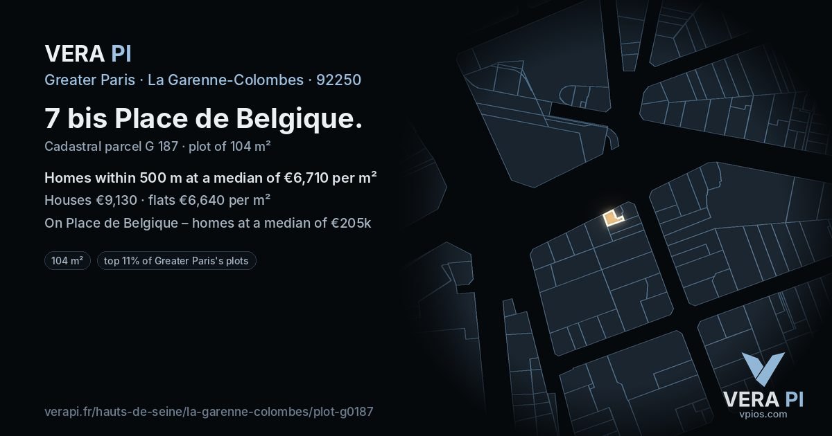 7 bis Place de Belgique, La Garenne-Colombes at night – the plot lit, the parcels around coloured by the prices near them