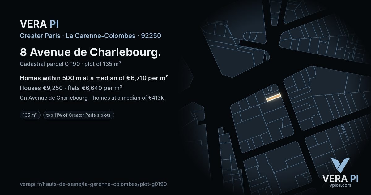 8 Avenue de Charlebourg, La Garenne-Colombes at night – the plot lit, the parcels around coloured by the prices near them