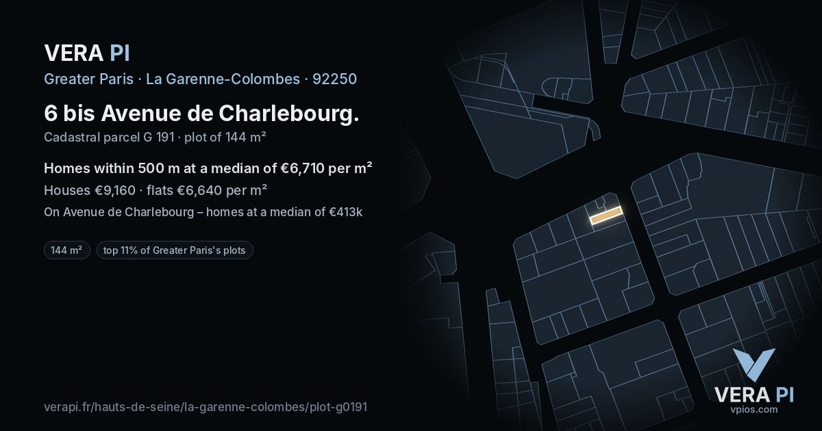 6 bis Avenue de Charlebourg, La Garenne-Colombes at night – the plot lit, the parcels around coloured by the prices near them