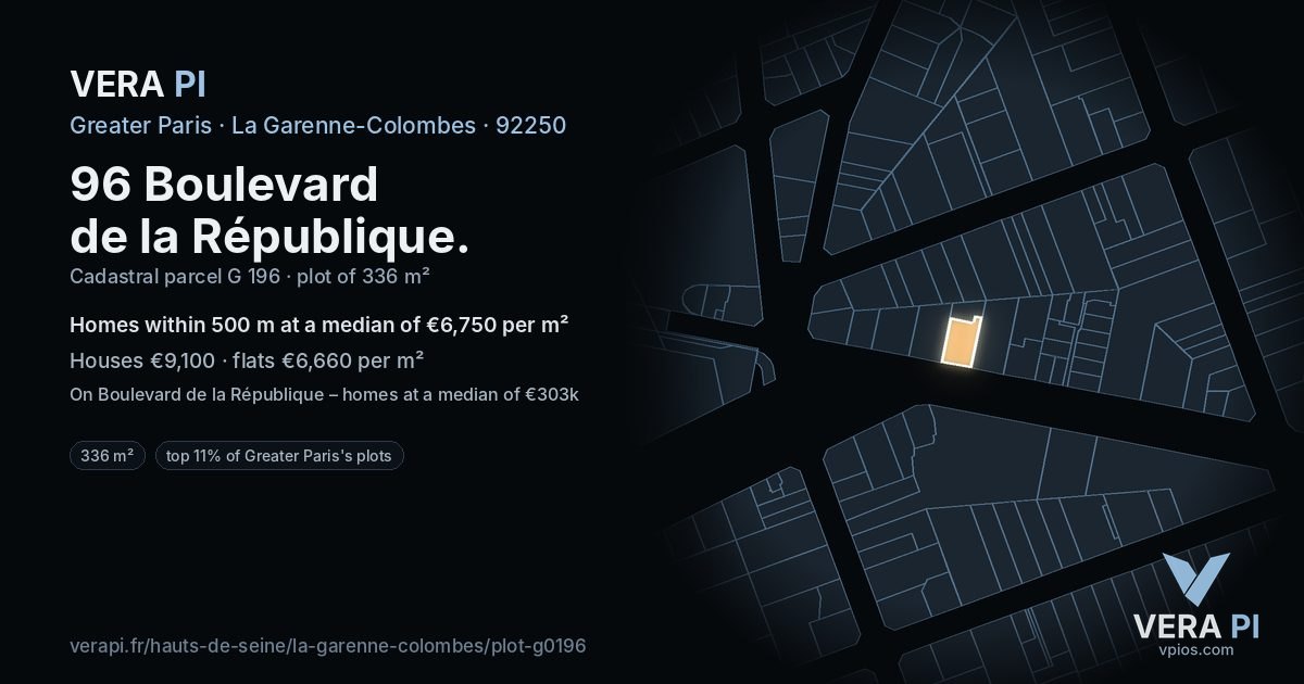 96 Boulevard de la République, La Garenne-Colombes at night – the plot lit, the parcels around coloured by the prices near them