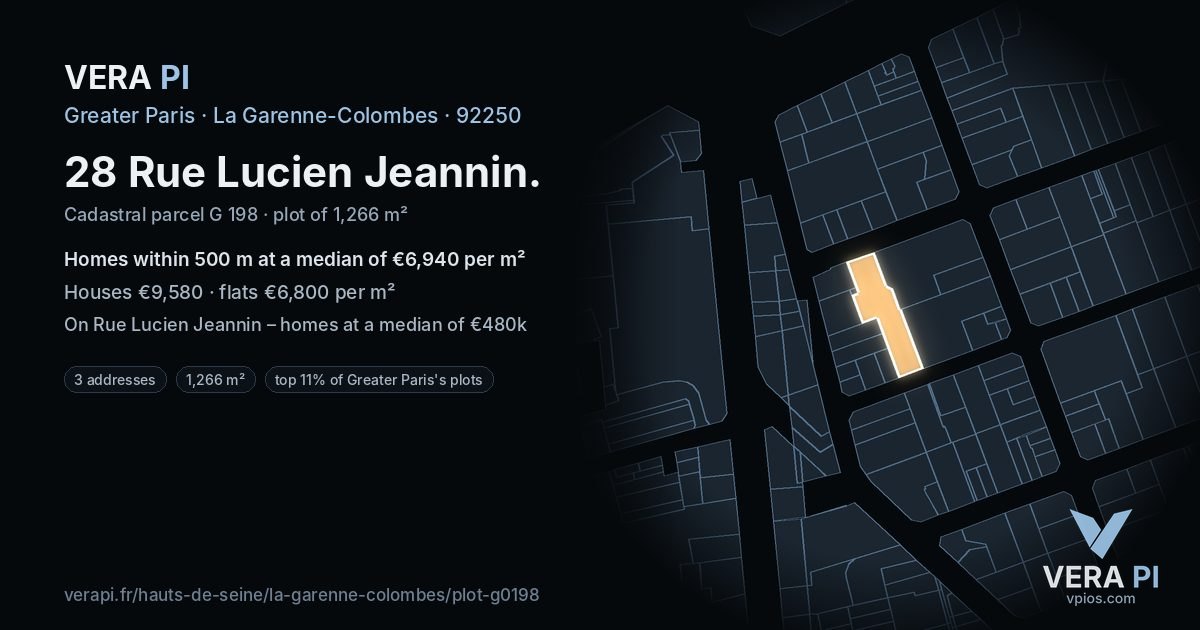 28 Rue Lucien Jeannin, La Garenne-Colombes at night – the plot lit, the parcels around coloured by the prices near them