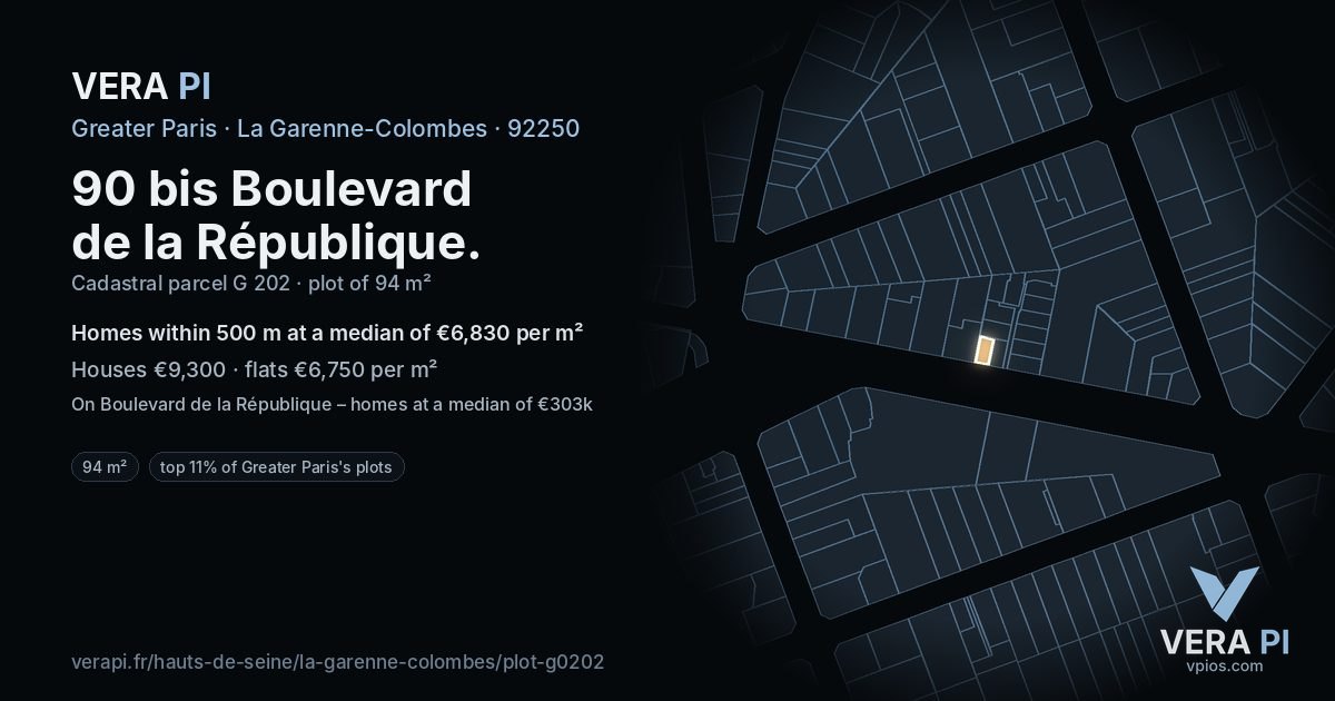 90 bis Boulevard de la République, La Garenne-Colombes at night – the plot lit, the parcels around coloured by the prices near them