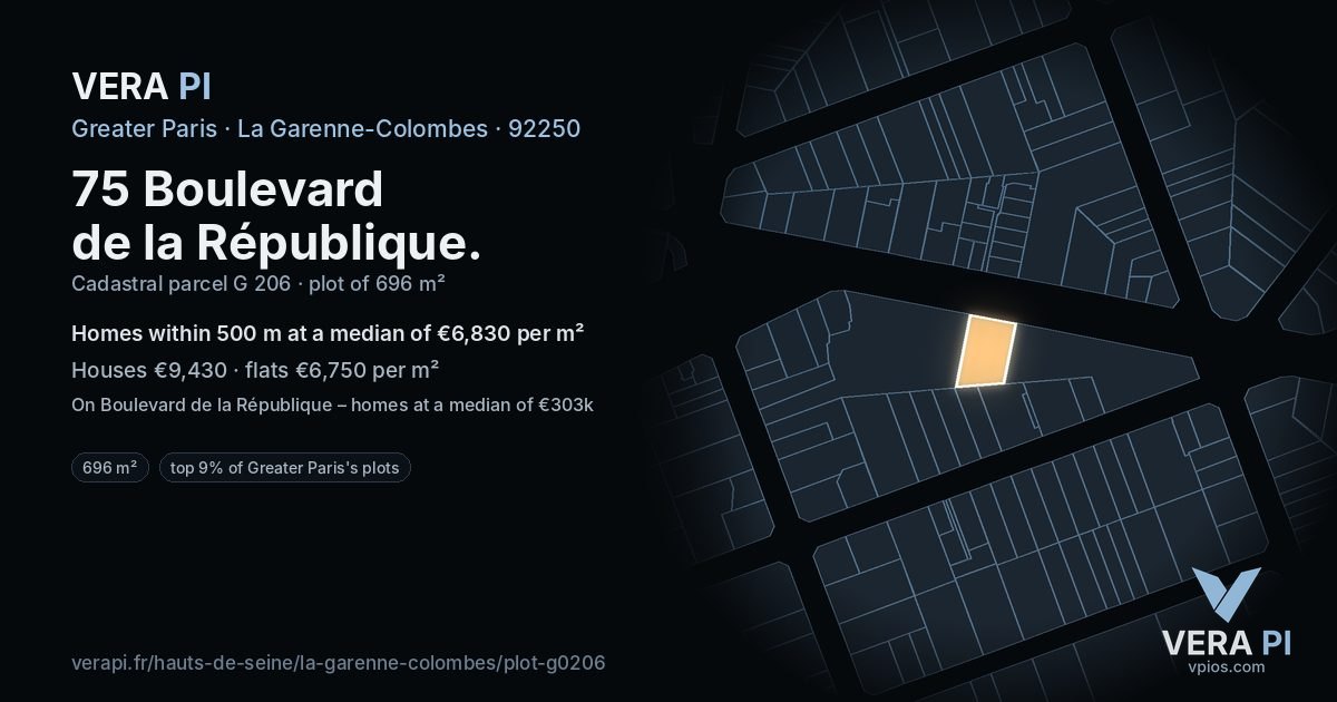 75 Boulevard de la République, La Garenne-Colombes at night – the plot lit, the parcels around coloured by the prices near them