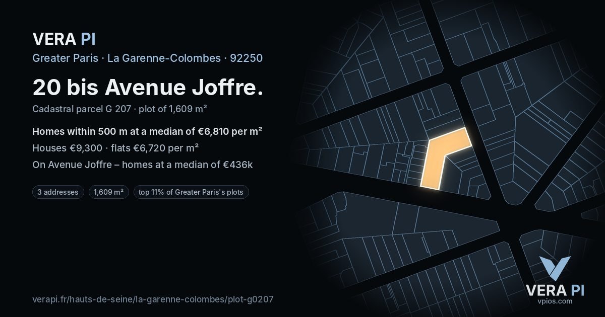 20 bis Avenue Joffre, La Garenne-Colombes at night – the plot lit, the parcels around coloured by the prices near them