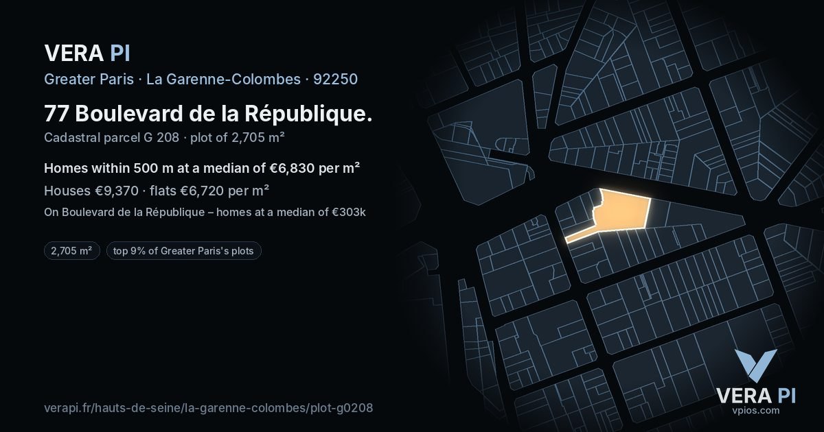 77 Boulevard de la République, La Garenne-Colombes at night – the plot lit, the parcels around coloured by the prices near them
