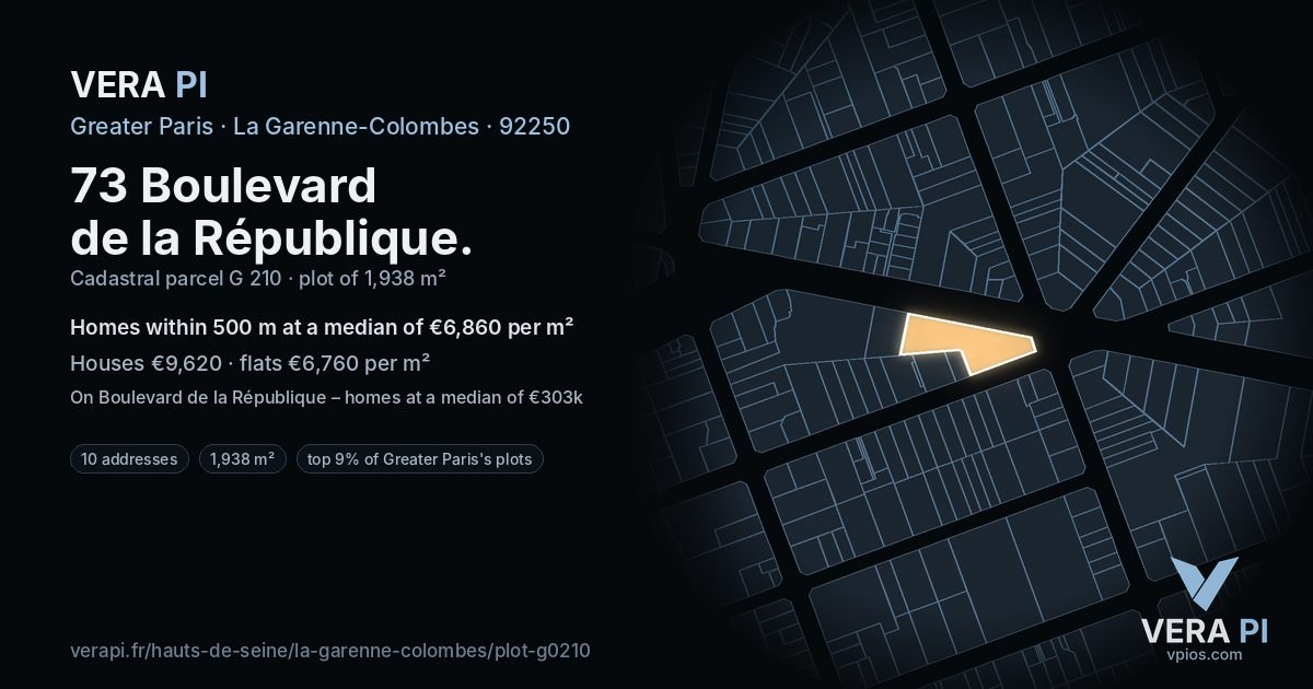 73 Boulevard de la République, La Garenne-Colombes at night – the plot lit, the parcels around coloured by the prices near them