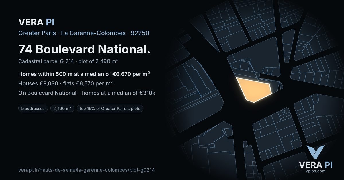 74 Boulevard National, La Garenne-Colombes at night – the plot lit, the parcels around coloured by the prices near them