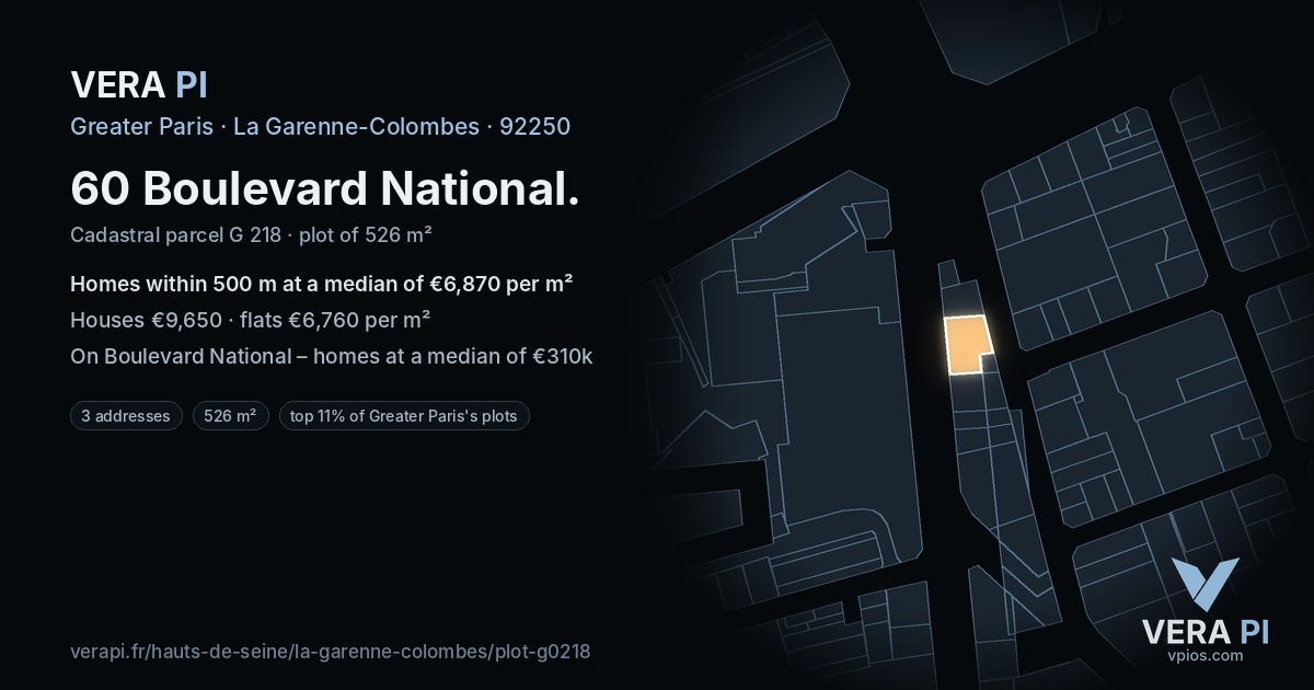 60 Boulevard National, La Garenne-Colombes at night – the plot lit, the parcels around coloured by the prices near them